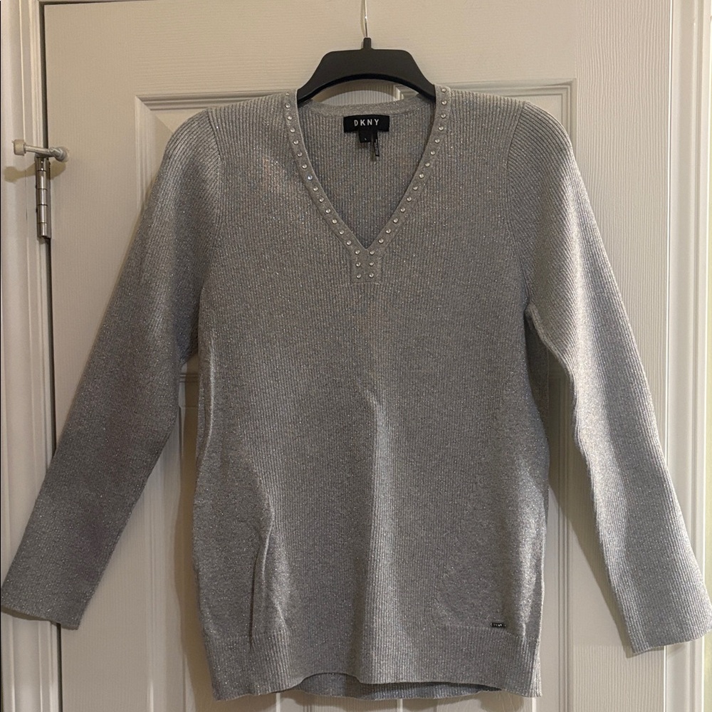 DKNY Silver V-Neck Sweater with Stud Accents